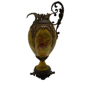 Antique Handpainted Porcelain Large Brass Footed Ewer